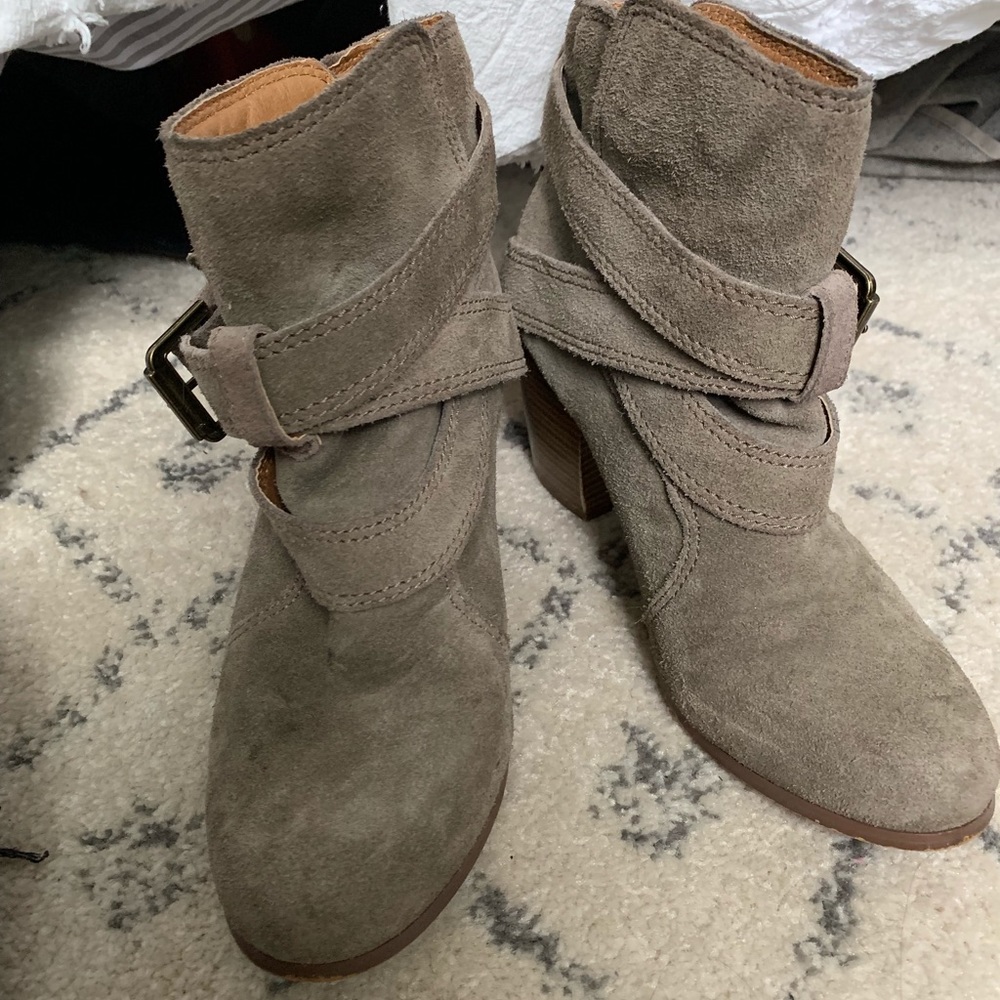 Gray tan suede booties